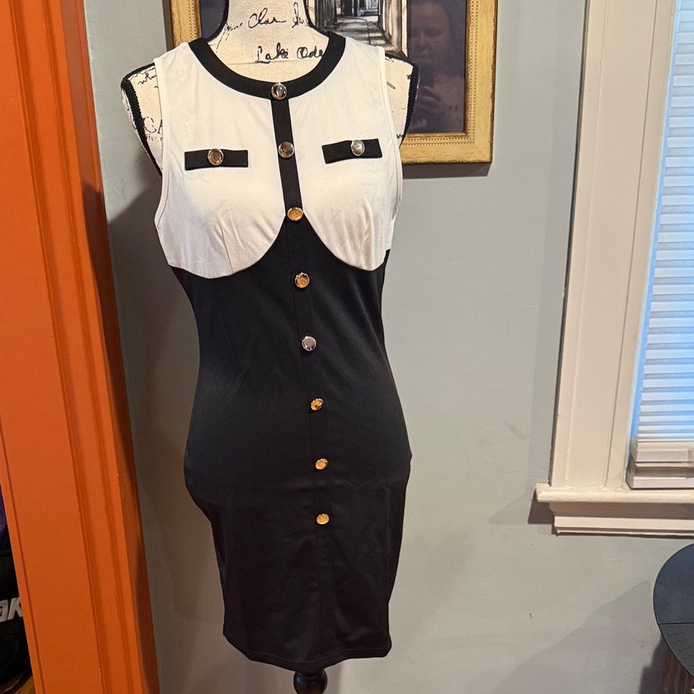 SHEIN Black and White Faux-Buttoned Mini Dress (L)